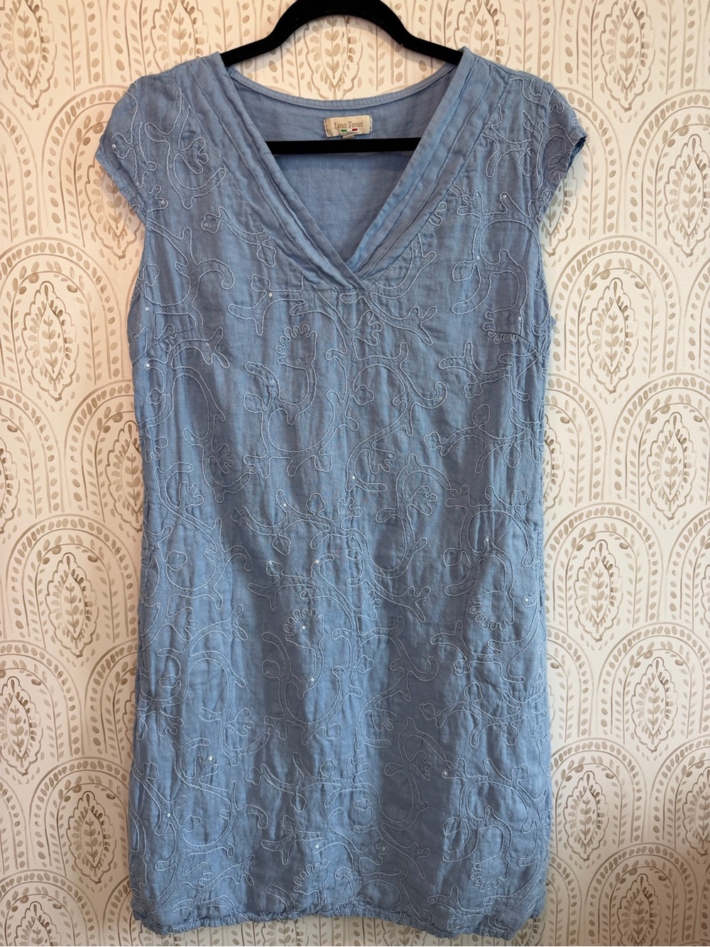 Lina Tomei Sequin & Embroidered 100% Linen Blue Dress size Large - Picture 4 of 10